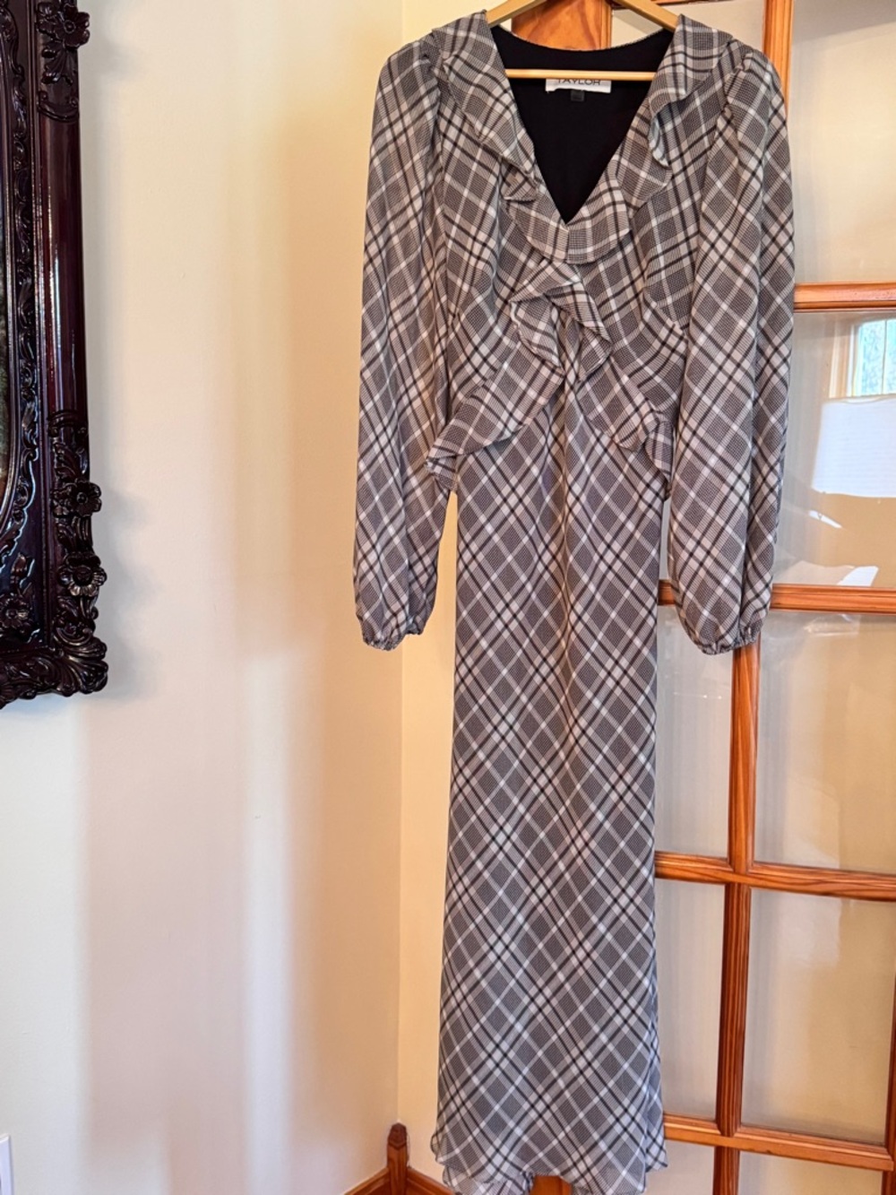 Reduced! Taylor Gray Plaid Long Sleeve Ruffles Maxi Dress